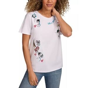 Karl Lagerfeld Paris Women Top L White Painter Graphic Short Sleeve Citycore